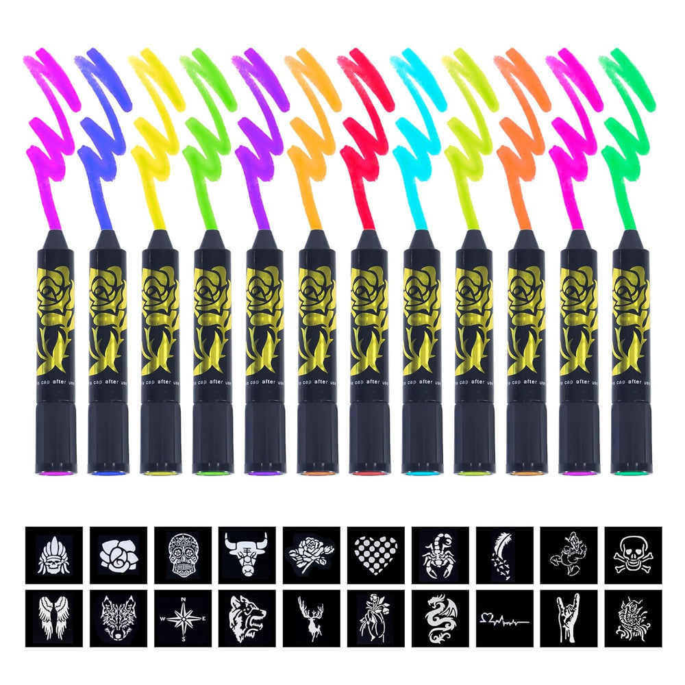 12 Pack Glow in The Dark Face & Body Paint Crayon Kit Under UV
