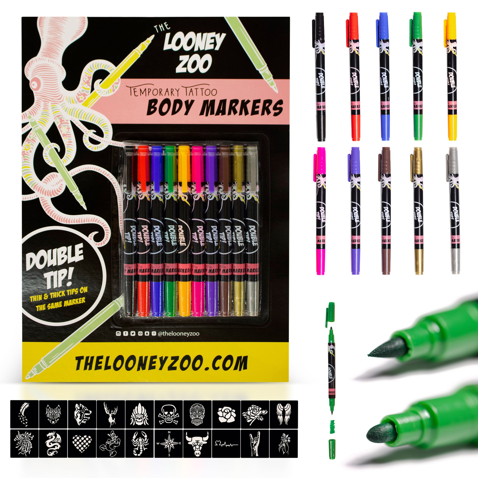 Looney Zoo'sTemporary Tattoo Markers - 10 Pack + Stencils