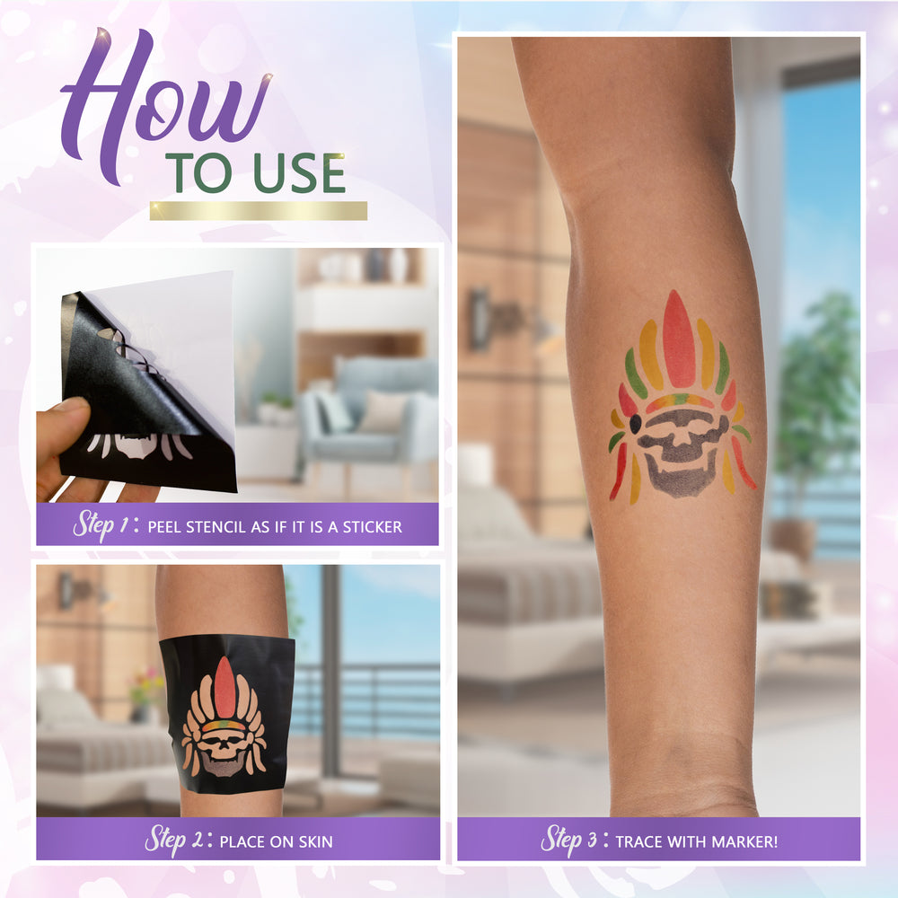 6 Pack of Tattoo Gel Pens - Fake Tattoo Fun with Stencils - Draw